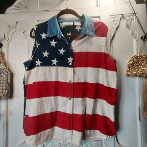 Red and White American Flag Sleeveless Collar Polo Top